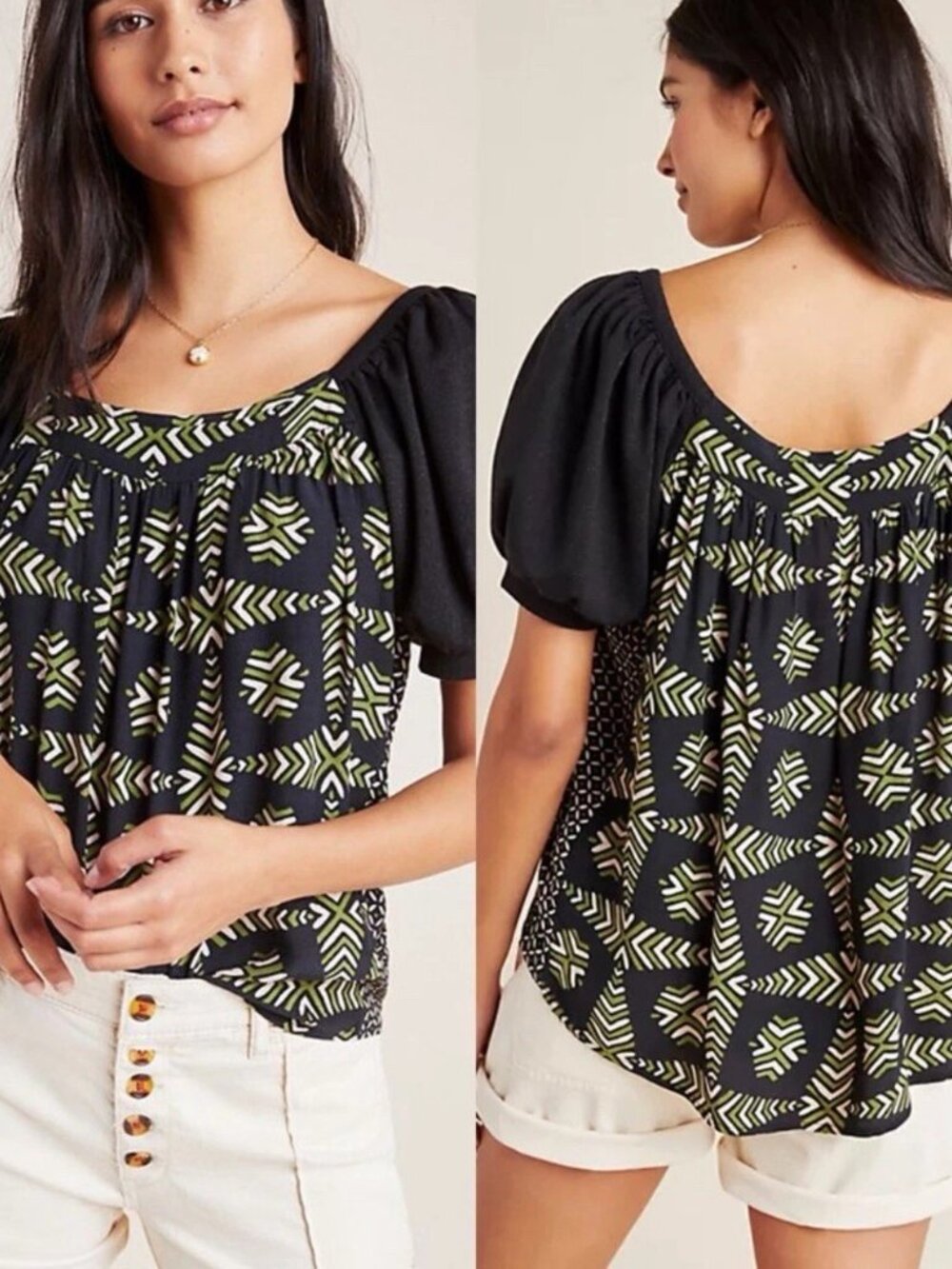 Maeve Anthropologie Catania Black Top with Olive and Cream Geometric Print Small